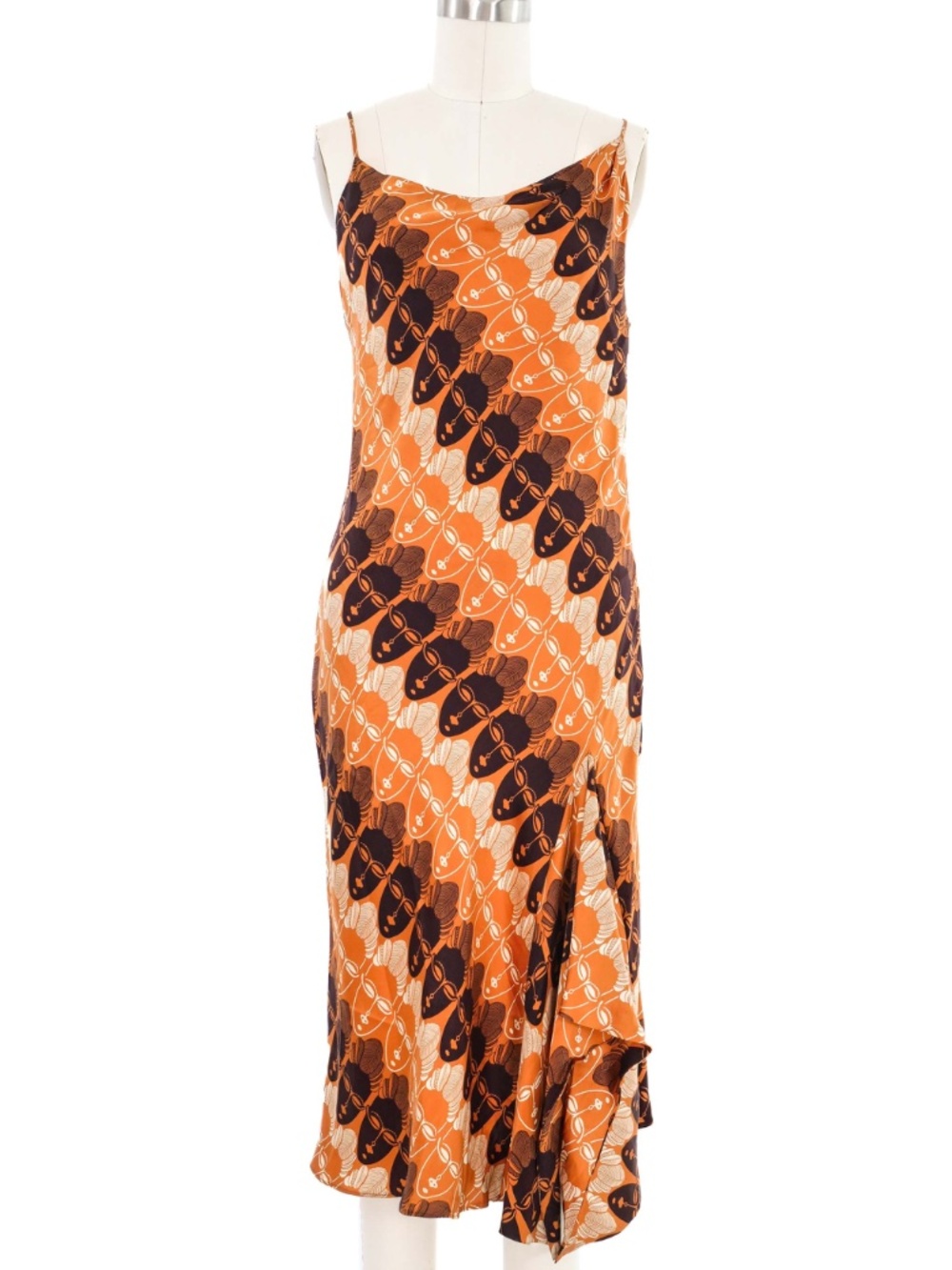 Thierry Mugler Dress Size Small Mask Printed Orange Brown Silk Dress - Like New